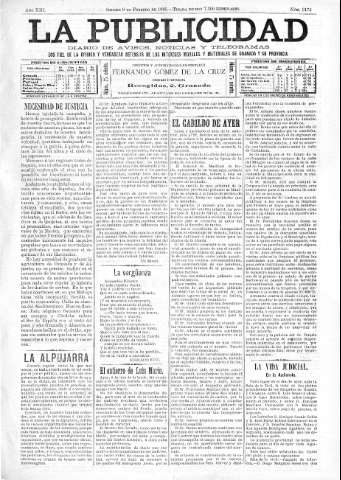 'La publicidad  : diario de avisos noticias y telegramas. Eco fiel de la opinión y verdadero defensor de los intereses morales y materiales de Granada y su provincia' - Año XIII Número 3173  - 1895 Febrero 09