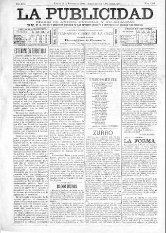 'La publicidad  : diario de avisos noticias y telegramas. Eco fiel de la opinión y verdadero defensor de los intereses morales y materiales de Granada y su provincia' - Año XIII Número 3185  - 1895 Febrero 21