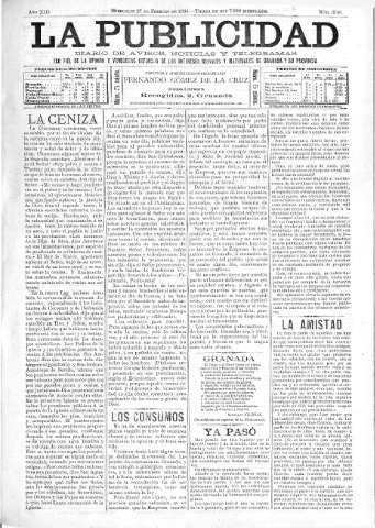 'La publicidad  : diario de avisos noticias y telegramas. Eco fiel de la opinión y verdadero defensor de los intereses morales y materiales de Granada y su provincia' - Año XIII Número 3191  - 1895 Febrero 27