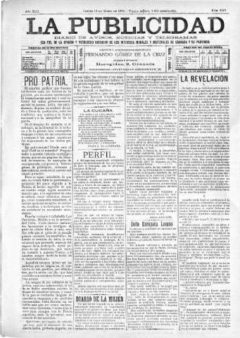 'La publicidad  : diario de avisos noticias y telegramas. Eco fiel de la opinión y verdadero defensor de los intereses morales y materiales de Granada y su provincia' - Año XIII Número 3207  - 1895 Marzo 14