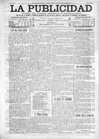 'La publicidad  : diario de avisos noticias y telegramas. Eco fiel de la opinión y verdadero defensor de los intereses morales y materiales de Granada y su provincia' - Año XIII Número 3219  - 1895 Marzo 26