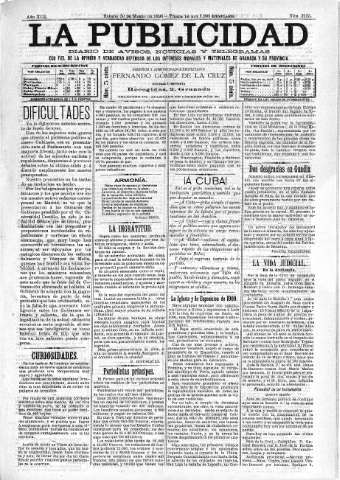 'La publicidad  : diario de avisos noticias y telegramas. Eco fiel de la opinión y verdadero defensor de los intereses morales y materiales de Granada y su provincia' - Año XIII Número 3223  - 1895 Marzo 30