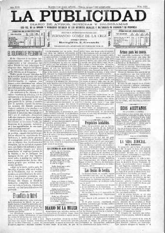 'La publicidad  : diario de avisos noticias y telegramas. Eco fiel de la opinión y verdadero defensor de los intereses morales y materiales de Granada y su provincia' - Año XIII Número 3226  - 1895 Abril 02