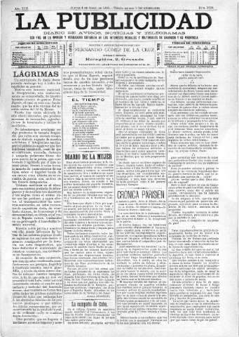 'La publicidad  : diario de avisos noticias y telegramas. Eco fiel de la opinión y verdadero defensor de los intereses morales y materiales de Granada y su provincia' - Año XIII Número 3228  - 1895 Abril 04
