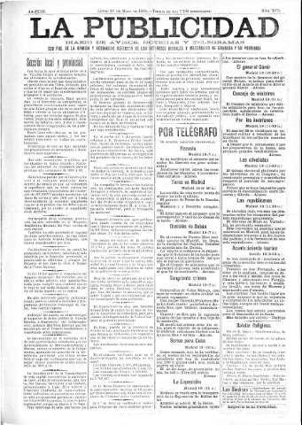 'La publicidad  : diario de avisos noticias y telegramas. Eco fiel de la opinión y verdadero defensor de los intereses morales y materiales de Granada y su provincia' - Año XIII Número 3273  - 1895 Mayo 20