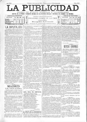 'La publicidad  : diario de avisos noticias y telegramas. Eco fiel de la opinión y verdadero defensor de los intereses morales y materiales de Granada y su provincia' - Año XIII Número 3288  - 1895 Junio 04