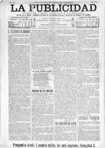 'La publicidad  : diario de avisos noticias y telegramas. Eco fiel de la opinión y verdadero defensor de los intereses morales y materiales de Granada y su provincia' - Año XIII Número 3292  - 1895 Junio 08