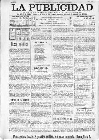 'La publicidad  : diario de avisos noticias y telegramas. Eco fiel de la opinión y verdadero defensor de los intereses morales y materiales de Granada y su provincia' - Año XIII Número 3293  - 1895 Junio 09