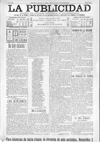 'La publicidad  : diario de avisos noticias y telegramas. Eco fiel de la opinión y verdadero defensor de los intereses morales y materiales de Granada y su provincia' - Año XIII Número 3295  - 1895 Junio 11