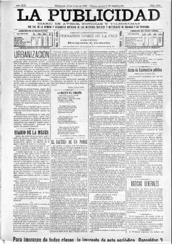'La publicidad  : diario de avisos noticias y telegramas. Eco fiel de la opinión y verdadero defensor de los intereses morales y materiales de Granada y su provincia' - Año XIII Número 3296  - 1895 Junio 12