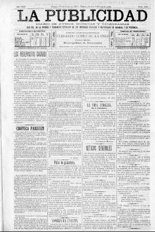 'La publicidad  : diario de avisos noticias y telegramas. Eco fiel de la opinión y verdadero defensor de los intereses morales y materiales de Granada y su provincia' - Año XIII Número 3340  - 1895 Julio 27