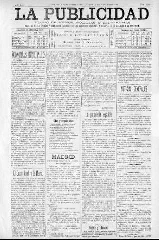 'La publicidad  : diario de avisos noticias y telegramas. Eco fiel de la opinión y verdadero defensor de los intereses morales y materiales de Granada y su provincia' - Año XIII Número 3390  - 1895 Septiembre 15