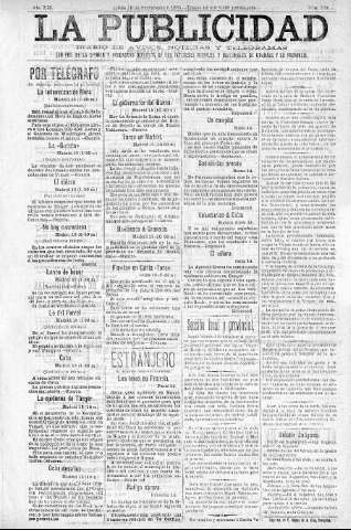 'La publicidad  : diario de avisos noticias y telegramas. Eco fiel de la opinión y verdadero defensor de los intereses morales y materiales de Granada y su provincia' - Año XIII Número 3391  - 1895 Septiembre 16