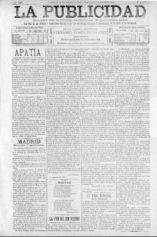 'La publicidad  : diario de avisos noticias y telegramas. Eco fiel de la opinión y verdadero defensor de los intereses morales y materiales de Granada y su provincia' - Año XIII Número 3395  - 1895 Septiembre 20