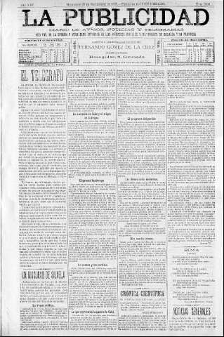 'La publicidad  : diario de avisos noticias y telegramas. Eco fiel de la opinión y verdadero defensor de los intereses morales y materiales de Granada y su provincia' - Año XIII Número 3400  - 1895 Septiembre 25