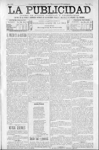 'La publicidad  : diario de avisos noticias y telegramas. Eco fiel de la opinión y verdadero defensor de los intereses morales y materiales de Granada y su provincia' - Año XIII Número 3401  - 1895 Septiembre 26