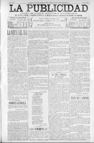 'La publicidad  : diario de avisos noticias y telegramas. Eco fiel de la opinión y verdadero defensor de los intereses morales y materiales de Granada y su provincia' - Año XIII Número 3403  - 1895 Septiembre 28