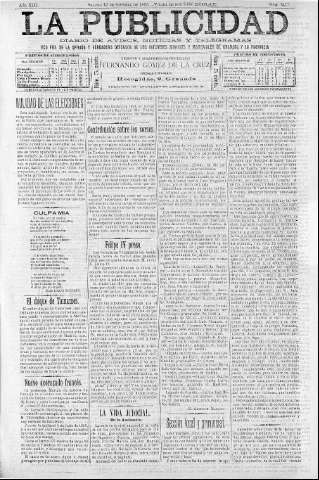'La publicidad  : diario de avisos noticias y telegramas. Eco fiel de la opinión y verdadero defensor de los intereses morales y materiales de Granada y su provincia' - Año XIII Número 3417  - 1895 Octubre 12