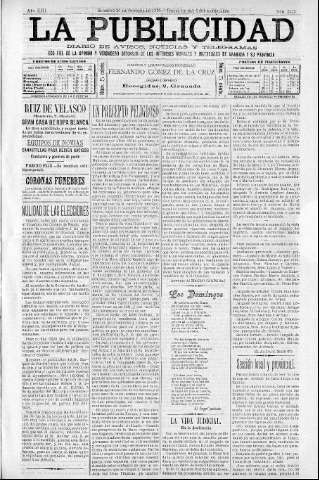 'La publicidad  : diario de avisos noticias y telegramas. Eco fiel de la opinión y verdadero defensor de los intereses morales y materiales de Granada y su provincia' - Año XIII Número 3425  - 1895 Octubre 20