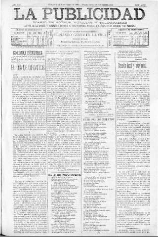 'La publicidad  : diario de avisos noticias y telegramas. Eco fiel de la opinión y verdadero defensor de los intereses morales y materiales de Granada y su provincia' - Año XIII Número 3438  - 1895 Noviembre 02