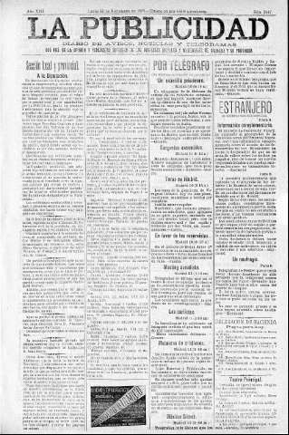 'La publicidad  : diario de avisos noticias y telegramas. Eco fiel de la opinión y verdadero defensor de los intereses morales y materiales de Granada y su provincia' - Año XIII Número 3447  - 1895 Noviembre 11