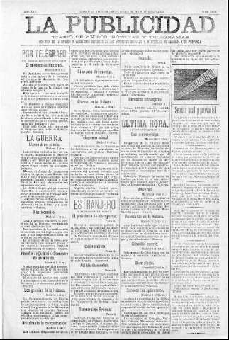 'La publicidad  : diario de avisos noticias y telegramas. Eco fiel de la opinión y verdadero defensor de los intereses morales y materiales de Granada y su provincia' - Año XIV Número 3496  - 1896 Enero 06