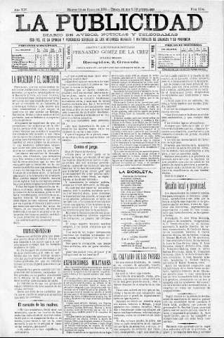 'La publicidad  : diario de avisos noticias y telegramas. Eco fiel de la opinión y verdadero defensor de los intereses morales y materiales de Granada y su provincia' - Año XIV Número 3504  - 1896 Enero 14