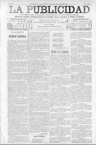 'La publicidad  : diario de avisos noticias y telegramas. Eco fiel de la opinión y verdadero defensor de los intereses morales y materiales de Granada y su provincia' - Año XIV Número 3513  - 1896 Enero 23