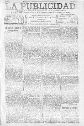 'La publicidad  : diario de avisos noticias y telegramas. Eco fiel de la opinión y verdadero defensor de los intereses morales y materiales de Granada y su provincia' - Año XIV Número 3523  - 1896 Febrero 02