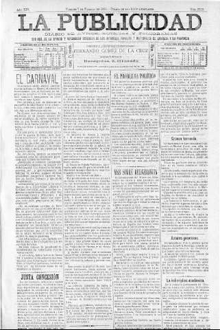 'La publicidad  : diario de avisos noticias y telegramas. Eco fiel de la opinión y verdadero defensor de los intereses morales y materiales de Granada y su provincia' - Año XIV Número 3528  - 1896 Febrero 07