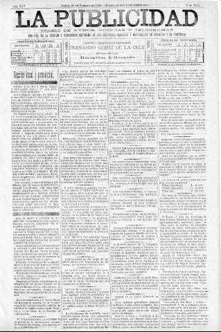 'La publicidad  : diario de avisos noticias y telegramas. Eco fiel de la opinión y verdadero defensor de los intereses morales y materiales de Granada y su provincia' - Año XIV Número 3541  - 1896 Febrero 20