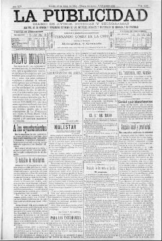 'La publicidad  : diario de avisos noticias y telegramas. Eco fiel de la opinión y verdadero defensor de los intereses morales y materiales de Granada y su provincia' - Año XIV Número 3608  - 1896 Abril 28