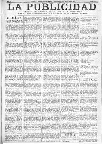 'La publicidad  : diario de avisos noticias y telegramas. Eco fiel de la opinión y verdadero defensor de los intereses morales y materiales de Granada y su provincia' - Año XIV Número 3724  - 1896 Septiembre 01