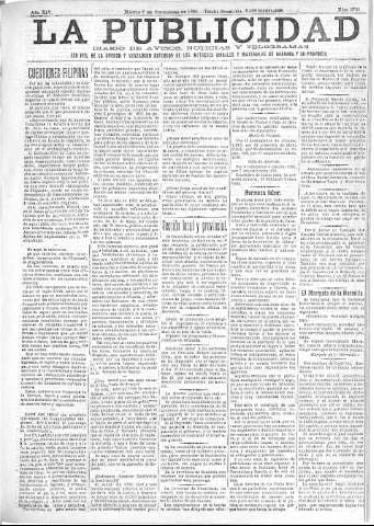 'La publicidad  : diario de avisos noticias y telegramas. Eco fiel de la opinión y verdadero defensor de los intereses morales y materiales de Granada y su provincia' - Año XIV Número 3731  - 1896 Septiembre 08
