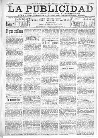 'La publicidad  : diario de avisos noticias y telegramas. Eco fiel de la opinión y verdadero defensor de los intereses morales y materiales de Granada y su provincia' - Año XIV Número 3782  - 1896 Octubre 30