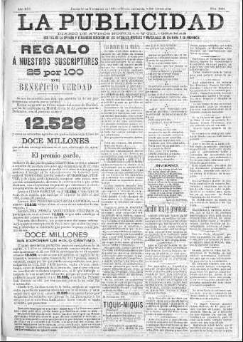'La publicidad  : diario de avisos noticias y telegramas. Eco fiel de la opinión y verdadero defensor de los intereses morales y materiales de Granada y su provincia' - Año XIV Número 3809  - 1896 Noviembre 26