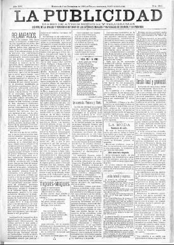 'La publicidad  : diario de avisos noticias y telegramas. Eco fiel de la opinión y verdadero defensor de los intereses morales y materiales de Granada y su provincia' - Año XIV Número 3815  - 1896 Diciembre 02