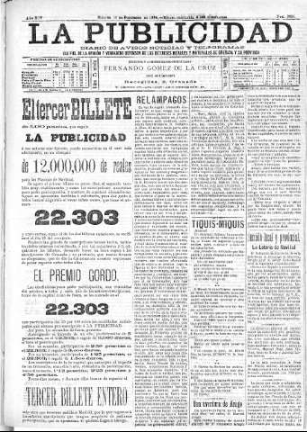 'La publicidad  : diario de avisos noticias y telegramas. Eco fiel de la opinión y verdadero defensor de los intereses morales y materiales de Granada y su provincia' - Año XIV Número 3828  - 1896 Diciembre 15