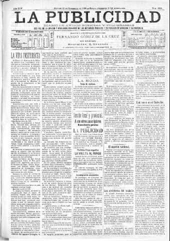 'La publicidad  : diario de avisos noticias y telegramas. Eco fiel de la opinión y verdadero defensor de los intereses morales y materiales de Granada y su provincia' - Año XIV Número 3835  - 1896 Diciembre 22