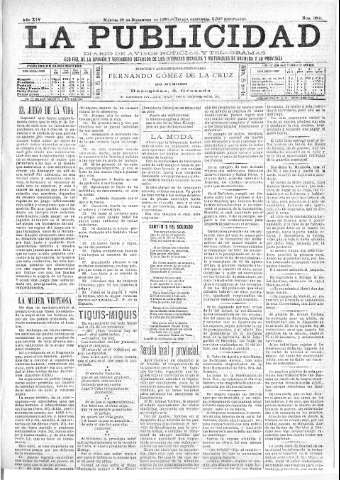 'La publicidad  : diario de avisos noticias y telegramas. Eco fiel de la opinión y verdadero defensor de los intereses morales y materiales de Granada y su provincia' - Año XIV Número 3841  - 1896 Diciembre 29