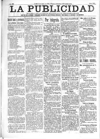 'La publicidad  : diario de avisos noticias y telegramas. Eco fiel de la opinión y verdadero defensor de los intereses morales y materiales de Granada y su provincia' - Año XV Número 3918  - 1897 Abril 19