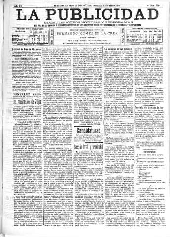 'La publicidad  : diario de avisos noticias y telegramas. Eco fiel de la opinión y verdadero defensor de los intereses morales y materiales de Granada y su provincia' - Año XV Número 3934  - 1897 Mayo 05