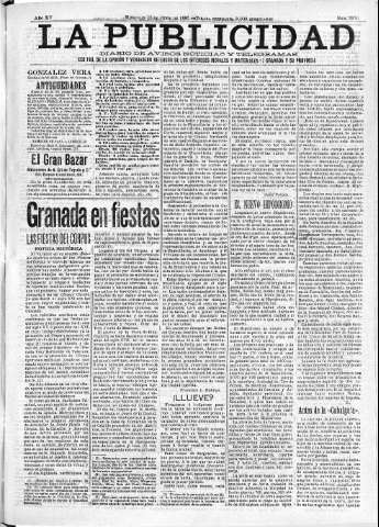 'La publicidad  : diario de avisos noticias y telegramas. Eco fiel de la opinión y verdadero defensor de los intereses morales y materiales de Granada y su provincia' - Año XV Número 3976  - 1897 Junio 16