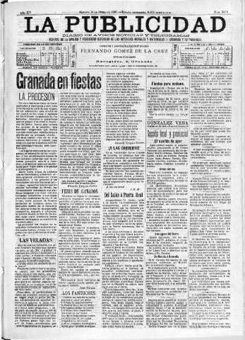 'La publicidad  : diario de avisos noticias y telegramas. Eco fiel de la opinión y verdadero defensor de los intereses morales y materiales de Granada y su provincia' - Año XV Número 3979  - 1897 Junio 19