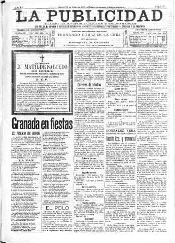 'La publicidad  : diario de avisos noticias y telegramas. Eco fiel de la opinión y verdadero defensor de los intereses morales y materiales de Granada y su provincia' - Año XV Número 3987  - 1897 Junio 27