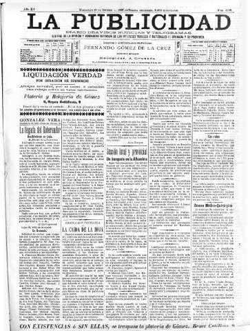 'La publicidad  : diario de avisos noticias y telegramas. Eco fiel de la opinión y verdadero defensor de los intereses morales y materiales de Granada y su provincia' - Año XV Número 4109  - 1897 Octubre 27