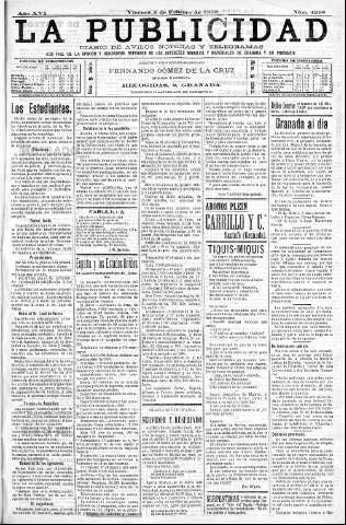 'La publicidad  : diario de avisos noticias y telegramas. Eco fiel de la opinión y verdadero defensor de los intereses morales y materiales de Granada y su provincia' - Año XVI Número 4208  - 1898 Febrero 04