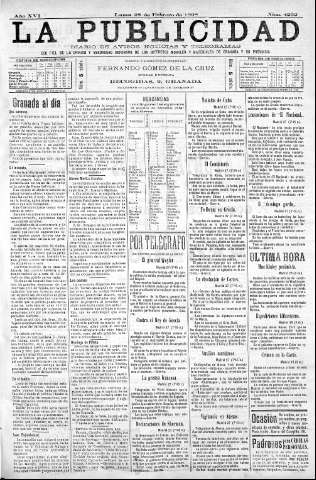 'La publicidad  : diario de avisos noticias y telegramas. Eco fiel de la opinión y verdadero defensor de los intereses morales y materiales de Granada y su provincia' - Año XVI Número 4232  - 1898 Febrero 28