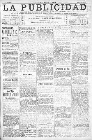 'La publicidad  : diario de avisos noticias y telegramas. Eco fiel de la opinión y verdadero defensor de los intereses morales y materiales de Granada y su provincia' - Año XVI Número 4235  - 1898 Marzo 03