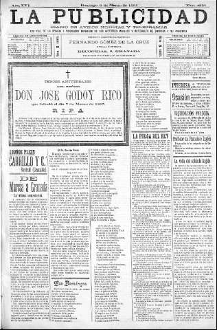 'La publicidad  : diario de avisos noticias y telegramas. Eco fiel de la opinión y verdadero defensor de los intereses morales y materiales de Granada y su provincia' - Año XVI Número 4238  - 1898 Marzo 06